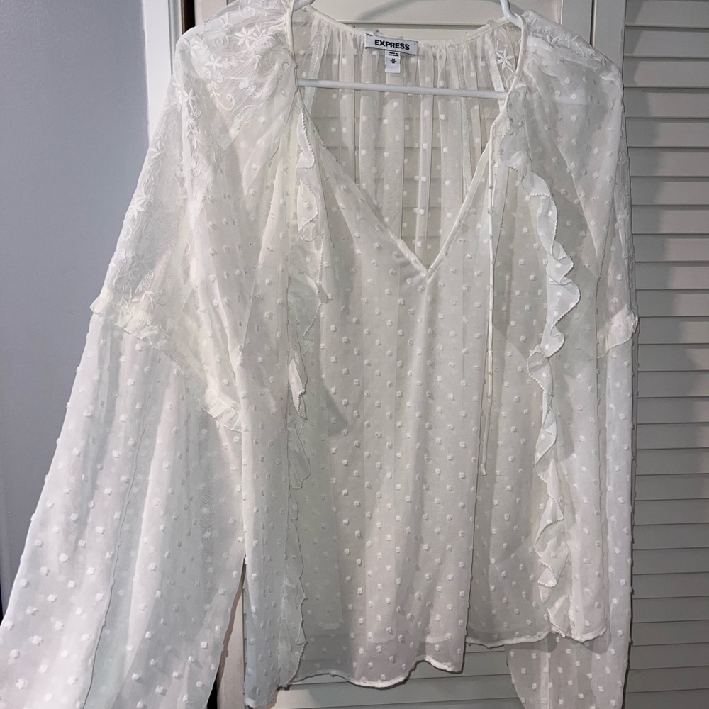 Express Women's Sheer White Polka Dot Blouse